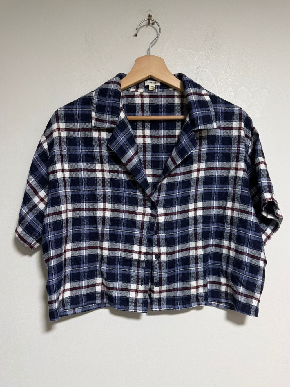 Garage Plaid Cropped Button-Up Shirt | Navy Blue Burgundy | Medium - Picture 2 of 10